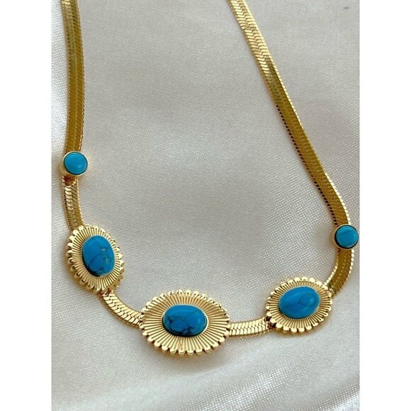 18K Gold plated Turquoise Herringbone necklace Stainless Steel womens jewelry - Picture 5 of 11